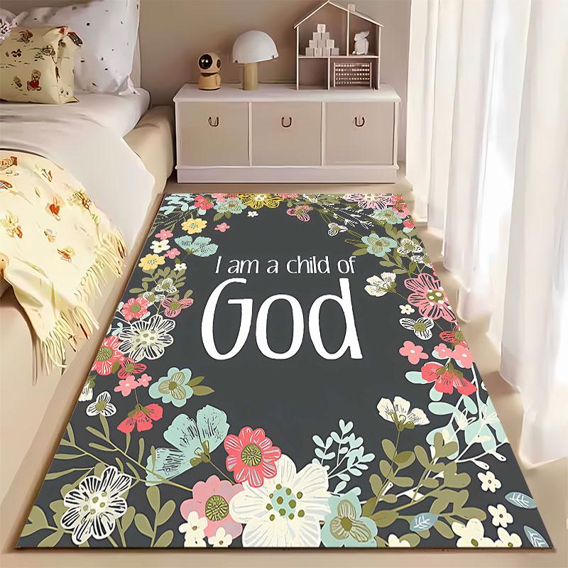 Floral "I Am a Child of God" Design suitable as a non-slip mat for the living room or bedroom sofa