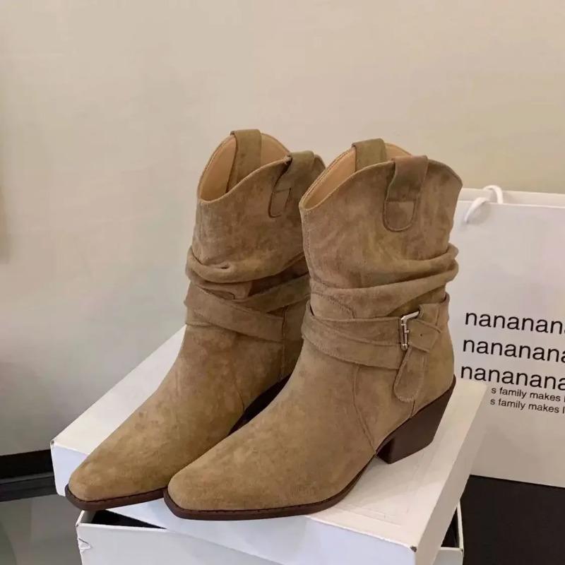 Женские ковбойские сапоги в ретро-стиле, массивный высокий каблук, квадратный носок, короткие ботинки-рыцари, пряжка-ремень, сапоги на низком каблуке