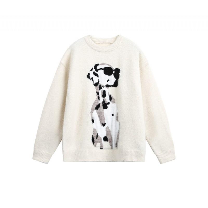 Unisex Oversized Knit Sweater With Dalmatian Print - Winter Warm Casual Pullover Teens Adults