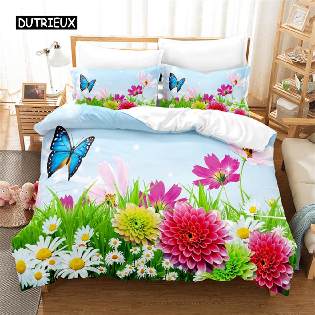 Постельное белье Butterfly Flower Queen Комплект пододеяльника Постельное белье Цифровая печать Постельное белье Королевский размер Комплект пододеяльника Комплект постельного белья
