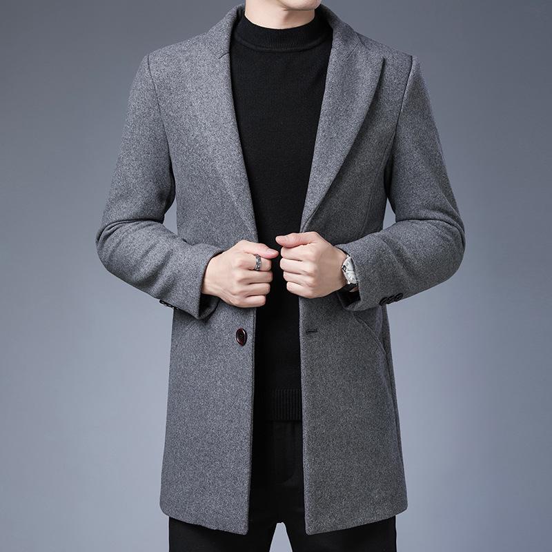 Men's 2025 Mid-Length Slim Wool Trench Coat - Stylish, Solid Color Lapel Overcoat