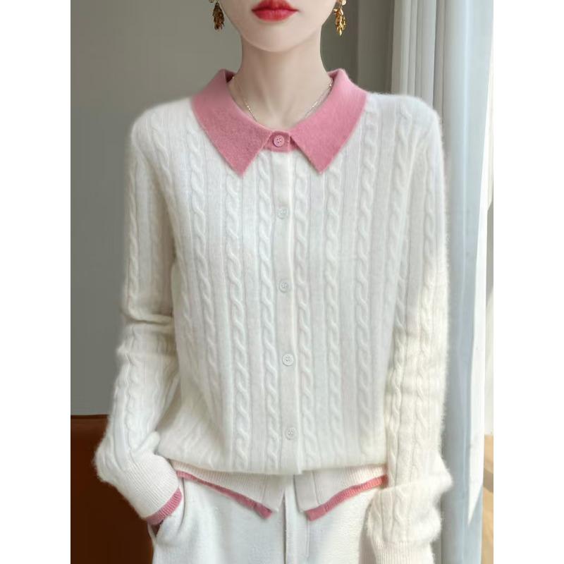 POLO воротник небольшой поворот короткий цветной блок вязаный кардиган женский пуловер свитер рубашка низ куртка