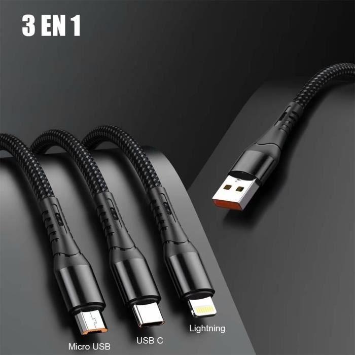 Câble de Charge 3 en 1 - E.F.CONNECTION - Nylon Tressé 1,2 Mètre Noir