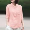 Women Casual V-Neck Solid Color Loose 3/4 Sleeve Blouse