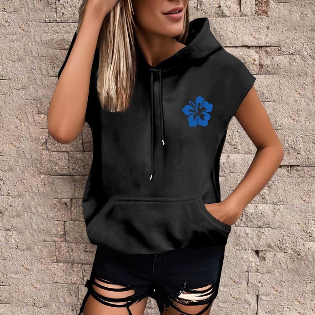 Женские летние футболки без рукавов с капюшоном, толстовки с капюшоном, свободные повседневные туники, толстовки