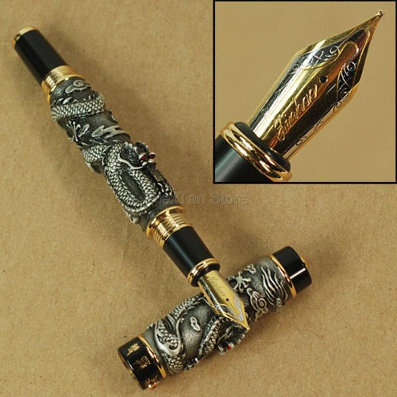 Jinhao Классическая ручка Двойной дракон, играющий с жемчугом, Металлическая гравировка, Тиснение, Тяжелая ручка, Золотая, Для письма, Подарочная ручка В подарочной коробке
