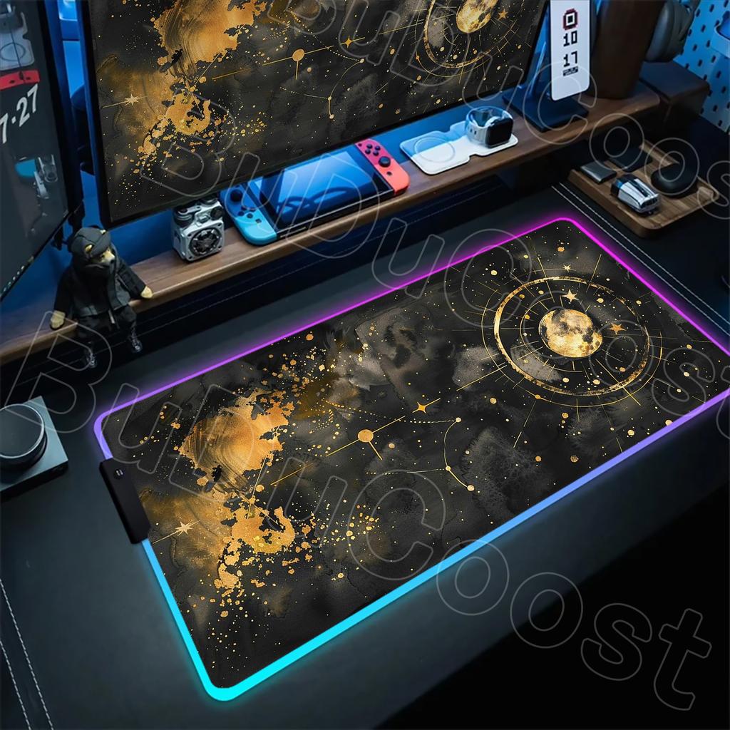 Золотой Фон Луна RGB Коврик для Стола Золотой Черный Зодиак Космос Галактика Звезды Луна XXL Большой Размер Коврик для Мыши Астрология Игровой Коврик для Мыши