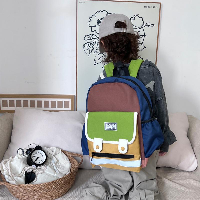 Adorable Color Block Design Lightweight Nylon Kindergarten Backpack For Boys And Girls