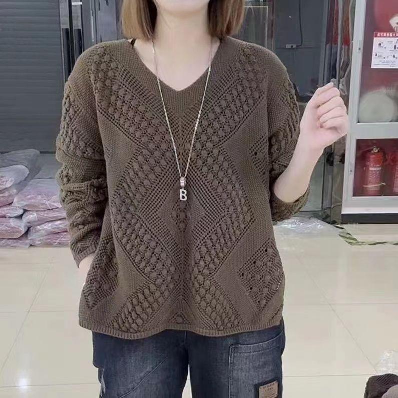 Spring and Autumn Fashion Wisp Knitted Sweater V-neck Solid Color Simple and Versatile Loose Long-sleeved Thin Top Women