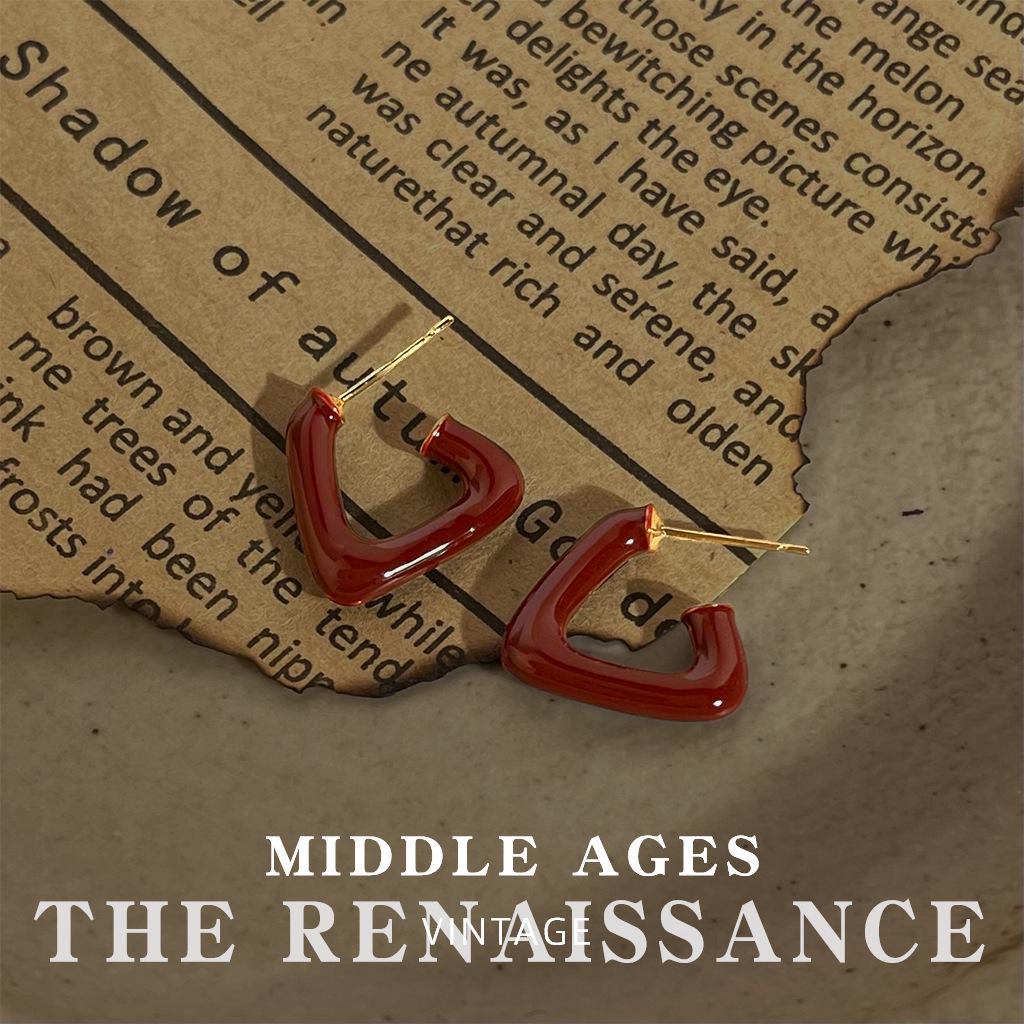 Vintage Burgundy Red Enamel Drop Earrings - Retro French Style Studs