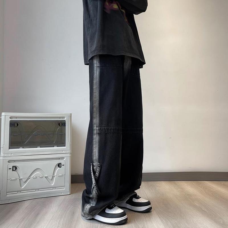 Джинсы с широкими штанинами в американском стиле с градиентом, мужская одежда, джинсовые брюки, стильные, с перекрестными вставками, винтажный, молодежный стиль, свободные брюки