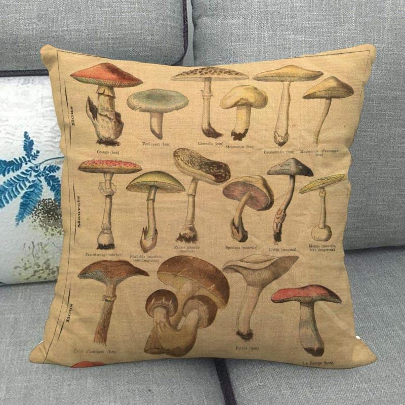 45X45см Наволочка с грибным артом Квадратная на молнии Хлопково-льняные наволочки Спальня Дом Офис Декоративная наволочка WJY12.25