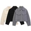 \Women Fashion with Pockets Grey Front Zipper Jackets Vintage Lapel Neck Long Sleeves Female Chic Lady Outfits