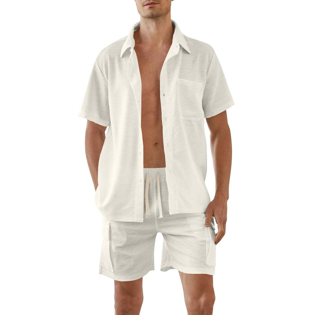 Мужские однотонные рубашки с короткими рукавами на пуговицах, мужские повседневные модные рубашки с короткими рукавами, комплект шорт