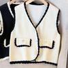 Autumn Women's V-neck Single-breasted Knitted Vest Contrast Slim Cardigan Vest