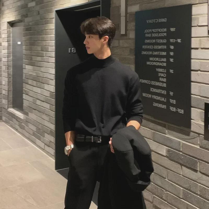 Men's Loose Fit Half Turtleneck Sweater: Korean Style, Solid Color, Knit, Long Sleeve, Autumn/Winter Top.