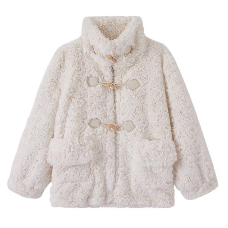 Autumn and Winter New Women's Cow Horn Button Fur Integrated Coat Wind Resistant and Warm Lamb Fur Thickened Imitation Fur Sweet