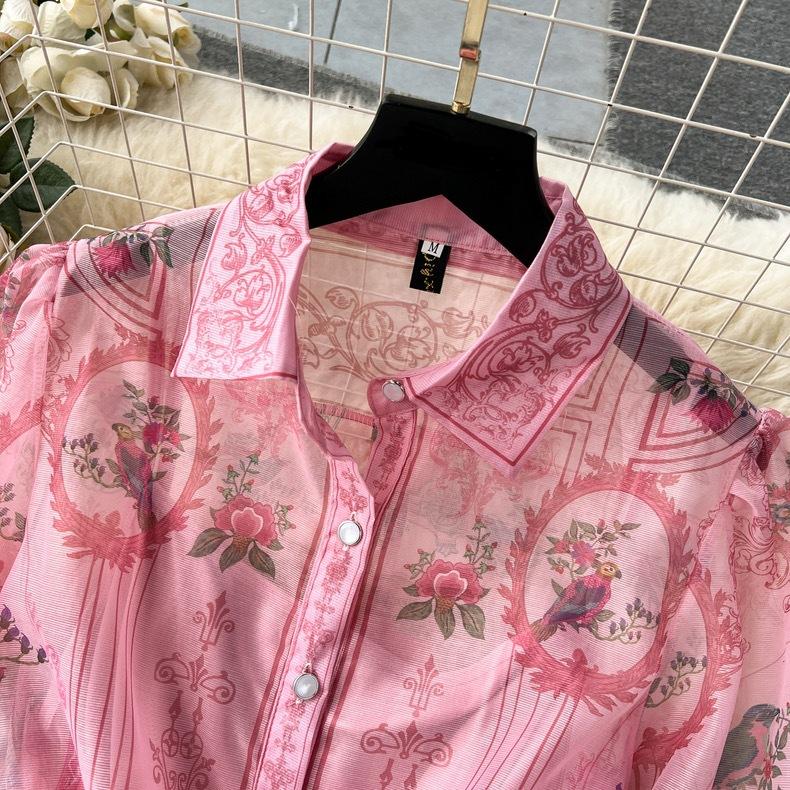 Летнее Пляжное Длинное Платье Женское Лацкан Длинный Рукав Фонарик Цветочный Принт Пояса Шнуровка Шифон Свободные Платья