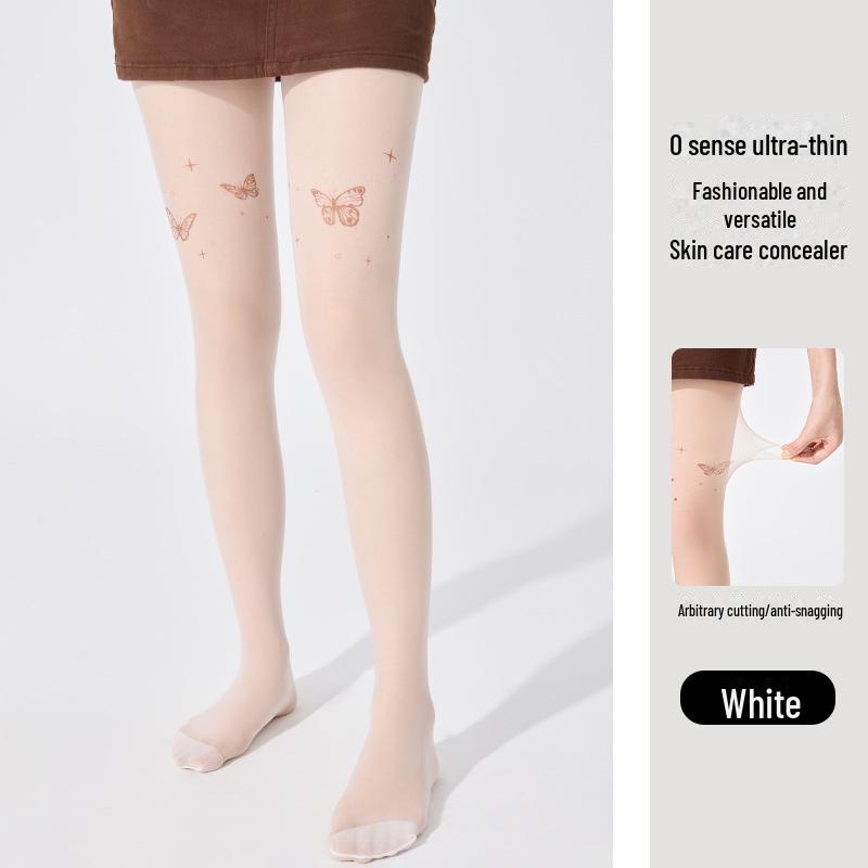 Женские антизацепляющие чулки с татуировками: Прочные, облегающие тонкие колготки с рисунком в виде белых бабочек для защиты от солнца и ухода за кожей весной и летом.