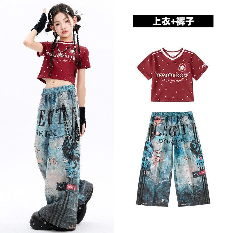 Girls Jazz Dance Outfit Kids Crop Top Pants Set Stage Performance Wear