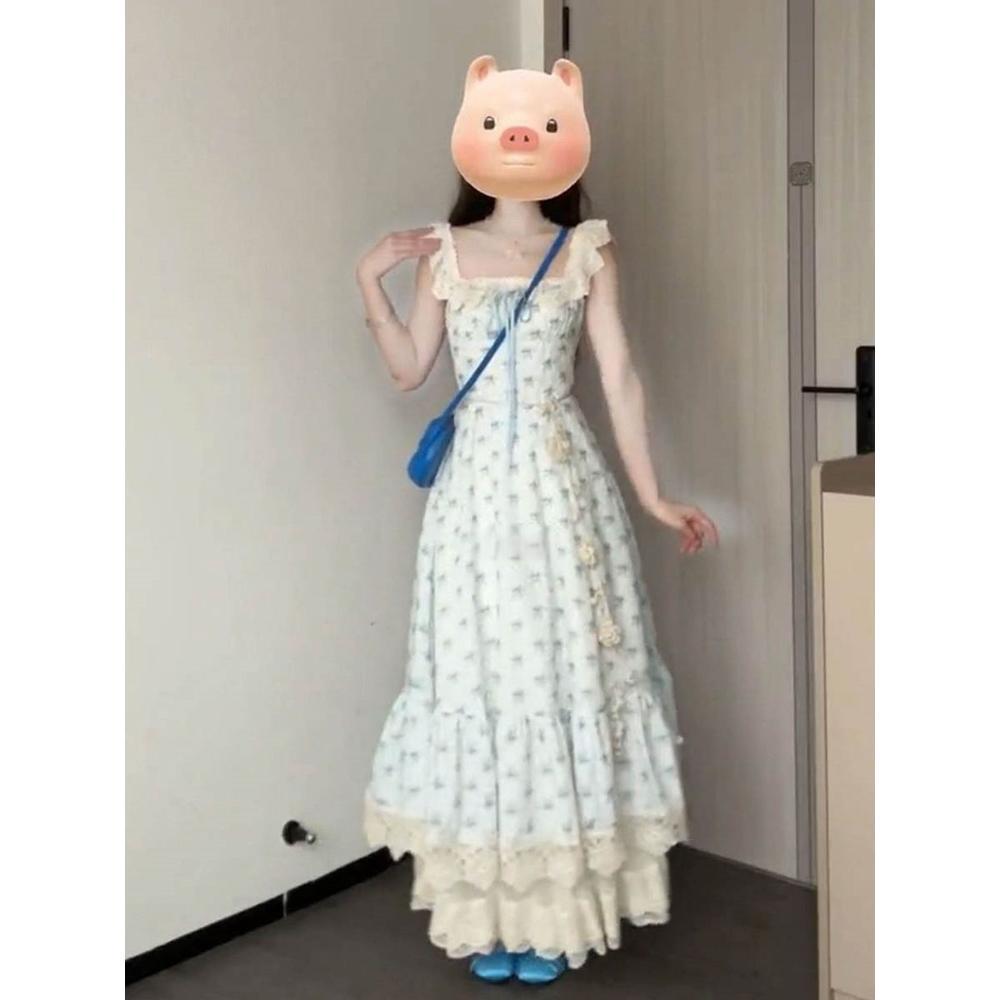 Blue Floral Suspender Dress, Unique and Beautiful Vacation Style, Sweet Summer Atmosphere, Small Skirt