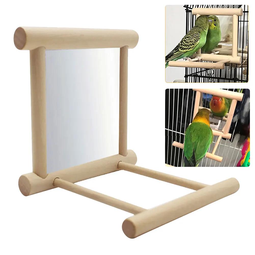 Wood Bird Mirror With Perch Stand Bird Toy Stand Bird Toy For Parrot Parakeets Cockatiels Cage Cage Parakeet Accessories