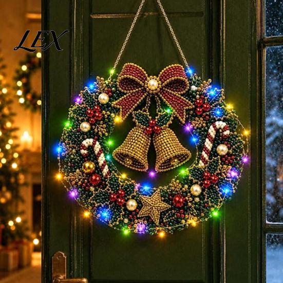 Handmade Christmas Decoration DIY Acrylic Faux Pearl Art Hanging Kit, Lighted Wreath 3D Beaded Craft Festive Mantelpiece Ornament Kit with LED String