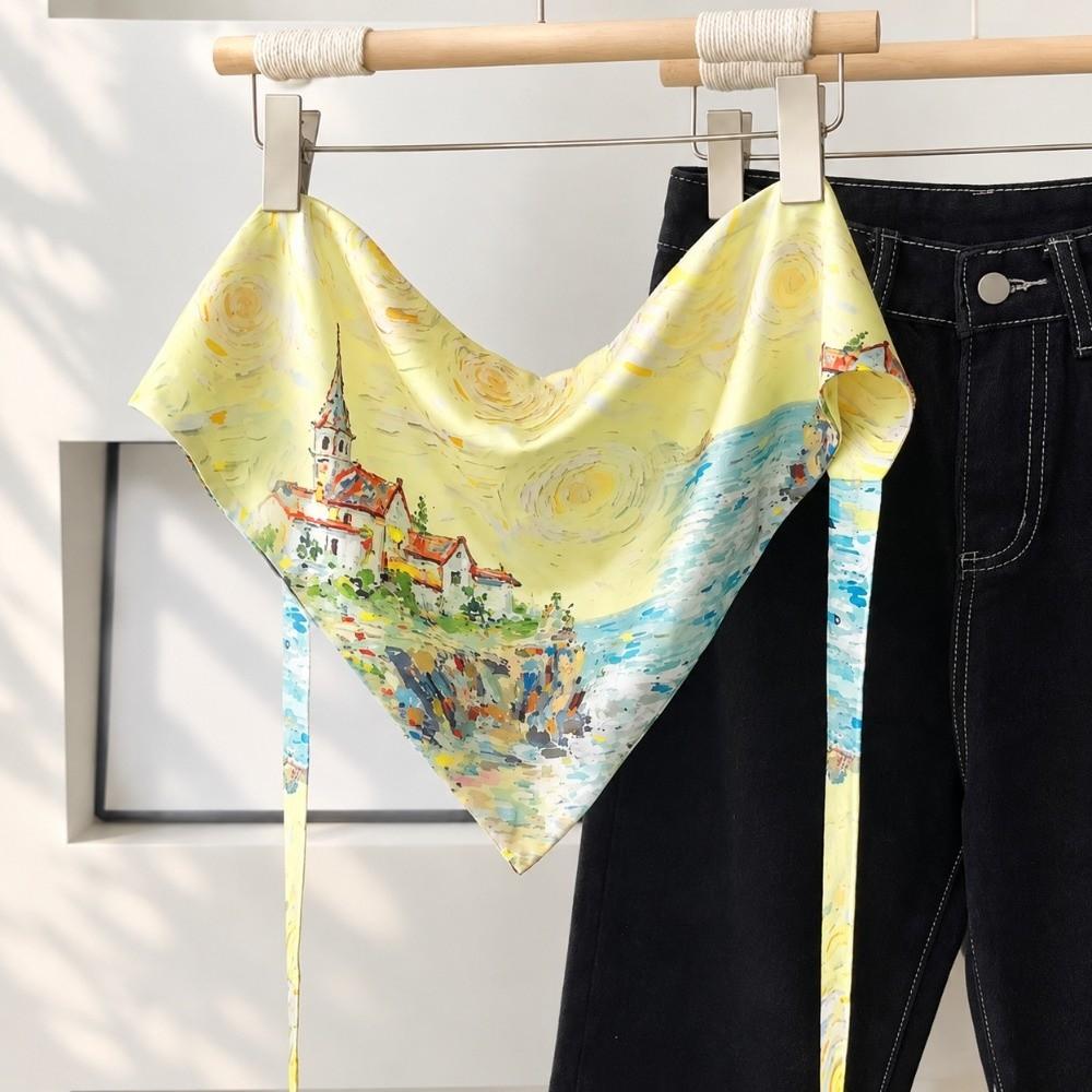 Self Tie Bow Waist Sash Scarf Landscape Print Printed Scarf Belt Silk Scarf Belt Spring Autumn