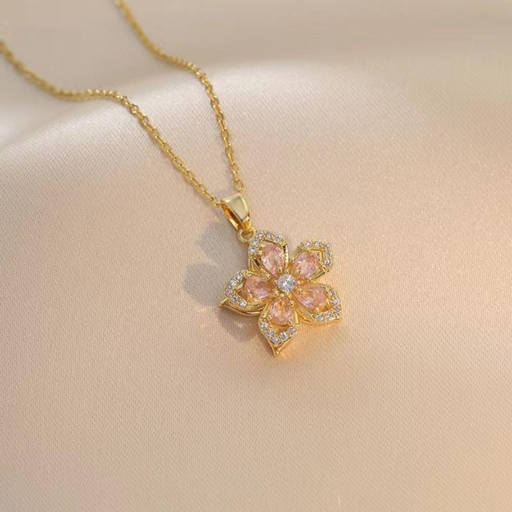 Crystal Zircon Pendant Necklace Shiny Petal Gold Necklace Rotatable Flowers Choker Date Night
