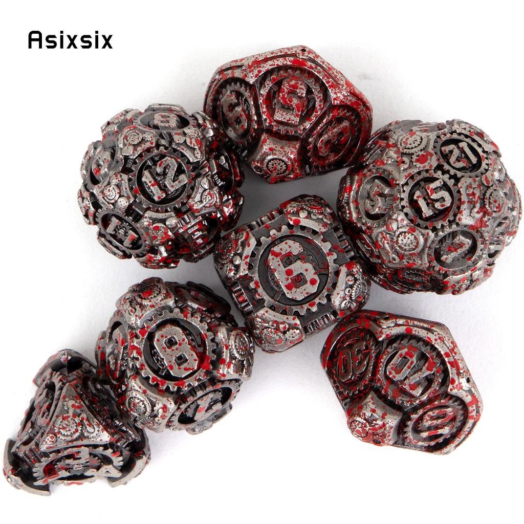 7 Pcs Silver Red Gear Wheel Metal Dice Solid Metal Polyhedral Dice Set Suitable for Role-Playing RPG Board Game Card Game