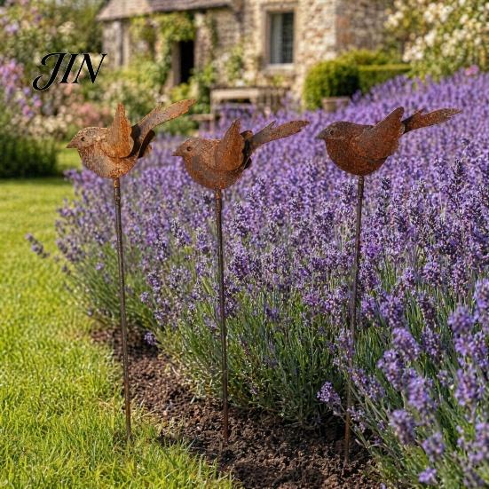 Whimsical Yard Accents 3PCS Rusty Metal Bird Ground Stake, Cute Birds Sculpture, Animals Decorative Fun Shaped Garden Art Stake for Outdoor