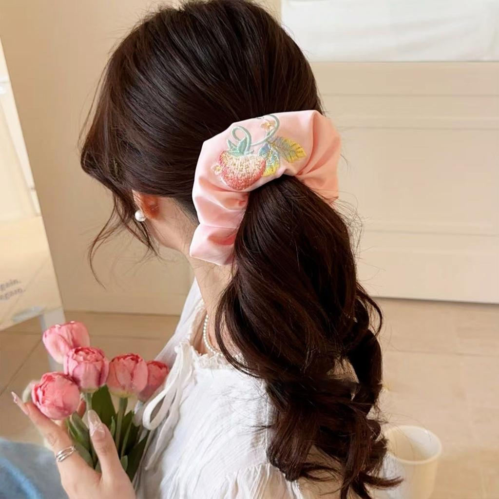 1pc High-end Korean Strawberry Grape and Flower Embroidery Craft Satin Texture Large Elastic Hair Band for Ladies