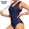 Charmleaks Sexy V Neck Zipper Sleeveless One Piece Swimwear for Women Bath Suit Monkini with Hat