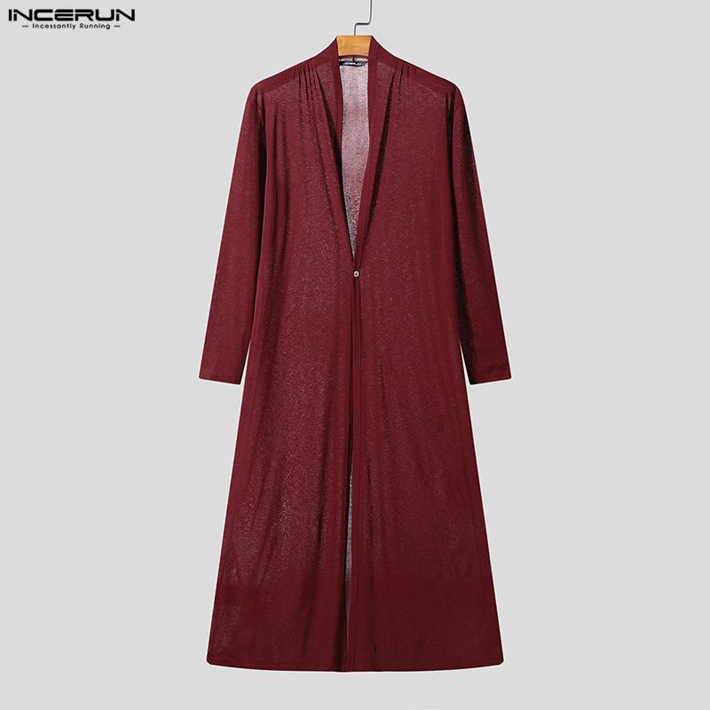 INCERUN Men Long Sleeve See Through Open Front High Splits Casual Long Mesh Sheer Shirts