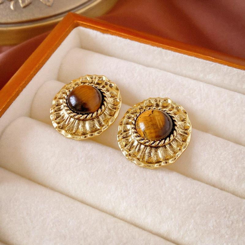 Серебряные серьги-гвоздики с геометрическим круглым кулоном из камня тигровый глаз, ретро-дизайн в стиле Маллар, персонализированные нишевые серьги