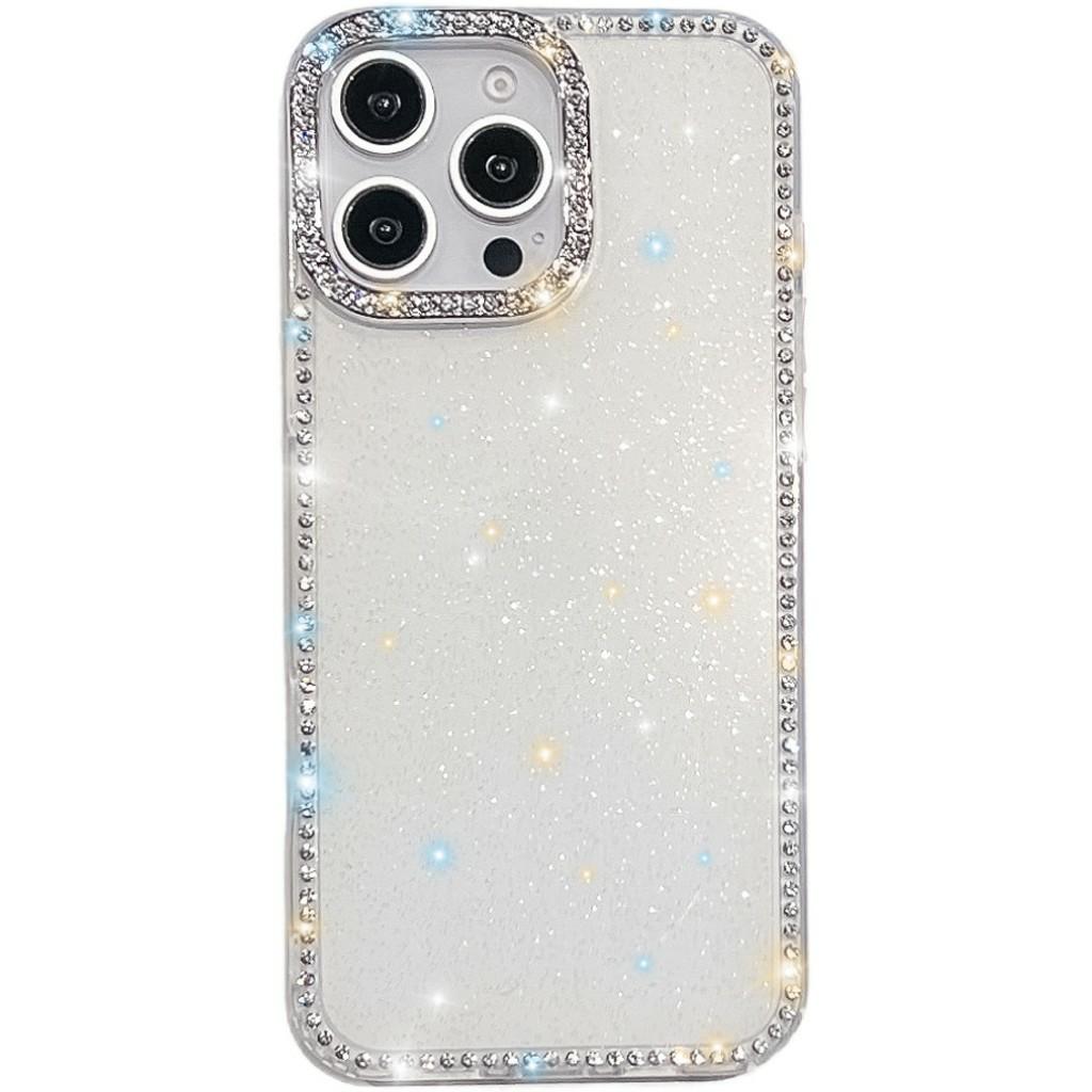 For iPhone 15 Pro Max Case Rhinestone Edge Glitter Back TPU+PC IMD Phone Cover