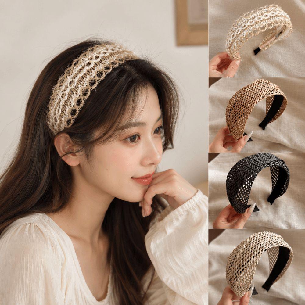 Bohemian Style Wide Brim Hair Hoop Straw Weaving Hair Band Cross Knotted Headband for Women