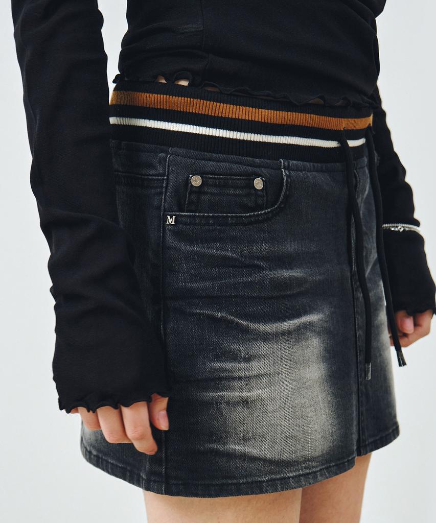 Mongdol Rib Banding Washed Denim Mini Skirt Black Mdsk037Black