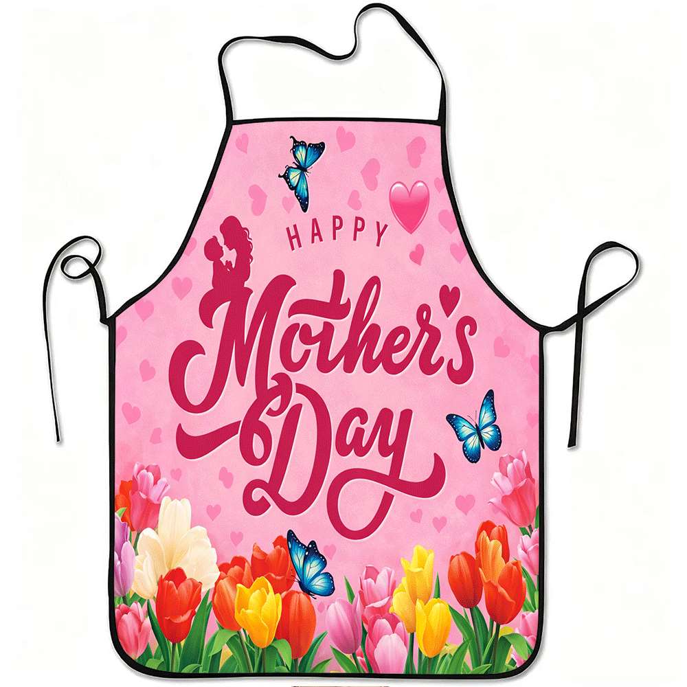 1pc of an Apron Featuring a Cheerful Mother'S Day Design with Flowers And Butterflies, Made from Durable And Easy-To-Clean Polyester. It Has an Adjust