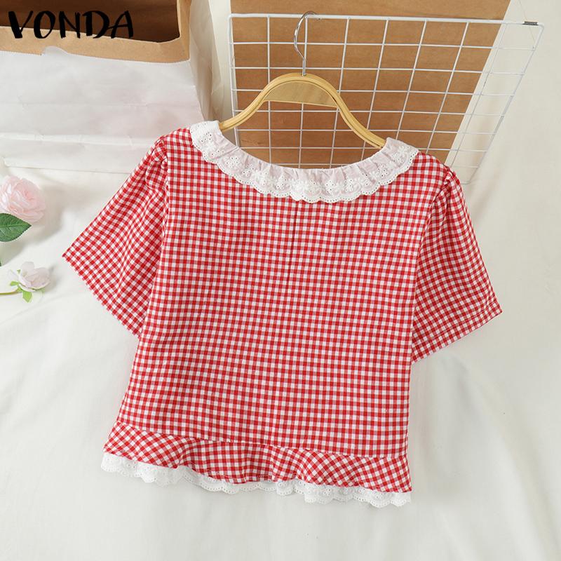 VONDA Женские летние кружевные блузки с квадратным вырезом в клетку с коротким рукавом и пузырьками