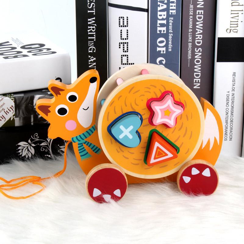 Childrens Wooden Fox Turtle Animal Learning Trailer Toy With Shape Matching And Cognitive Blocks For Early Education