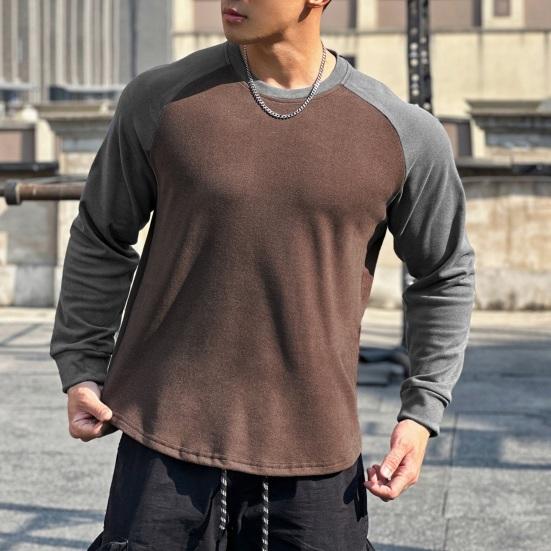 Осень-зима Мужской топ-топ облегающего кроя с о-образным вырезом в стиле пэчворк, эластичный свитер с длинными рукавами, средней длины, для фитнеса, тренировок, бега, повседневной носки, рубашка