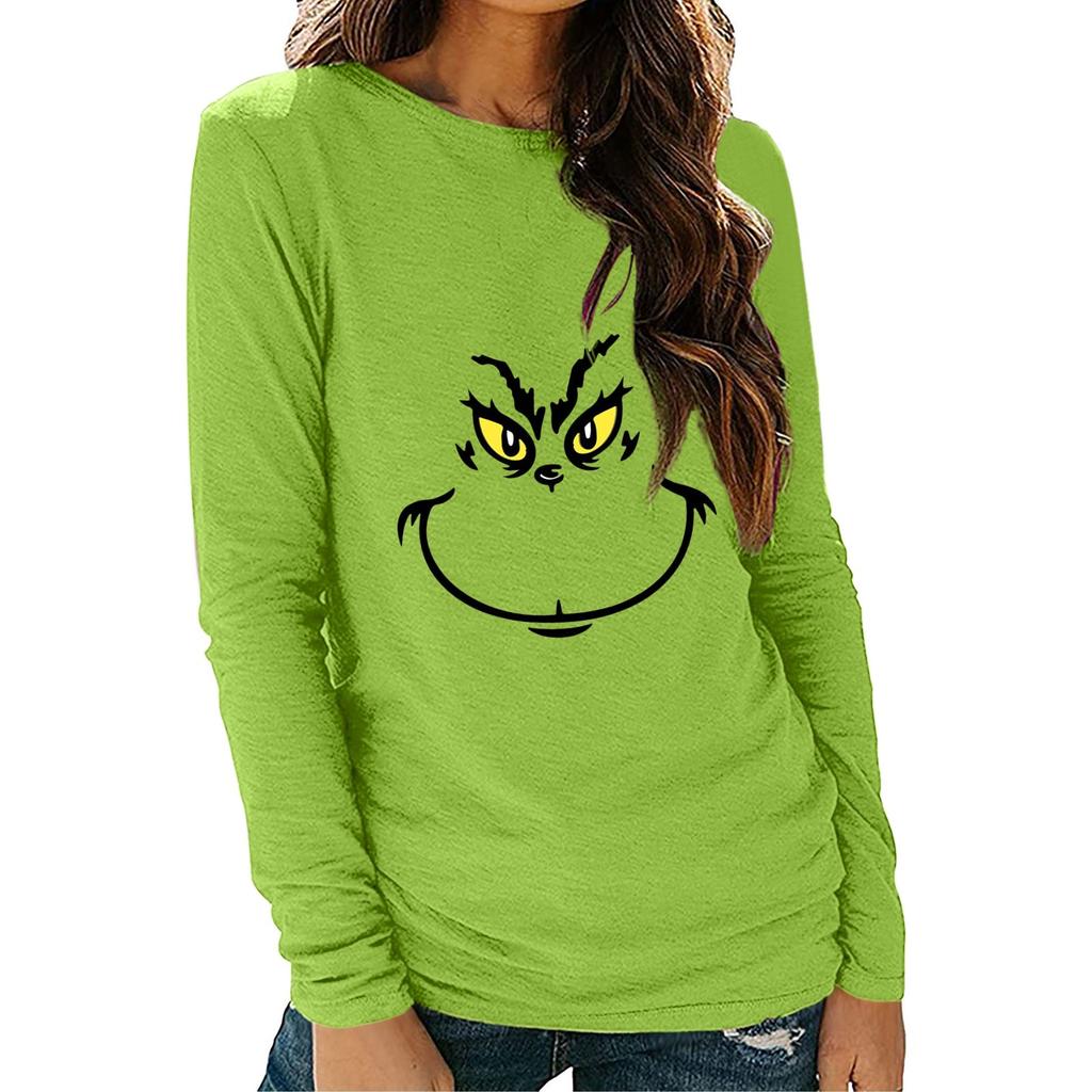 Women's Shirts Christmas Print Long Sleeve Round Neck Basic Loose Pullover Tee Top