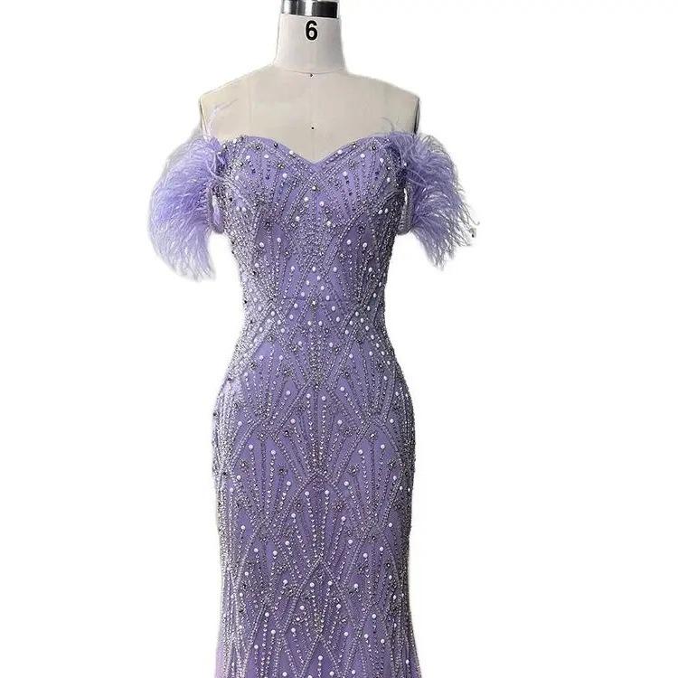 New caramel color sexy neck fishtail beads feather banquet wedding officiating dress dress LA11018