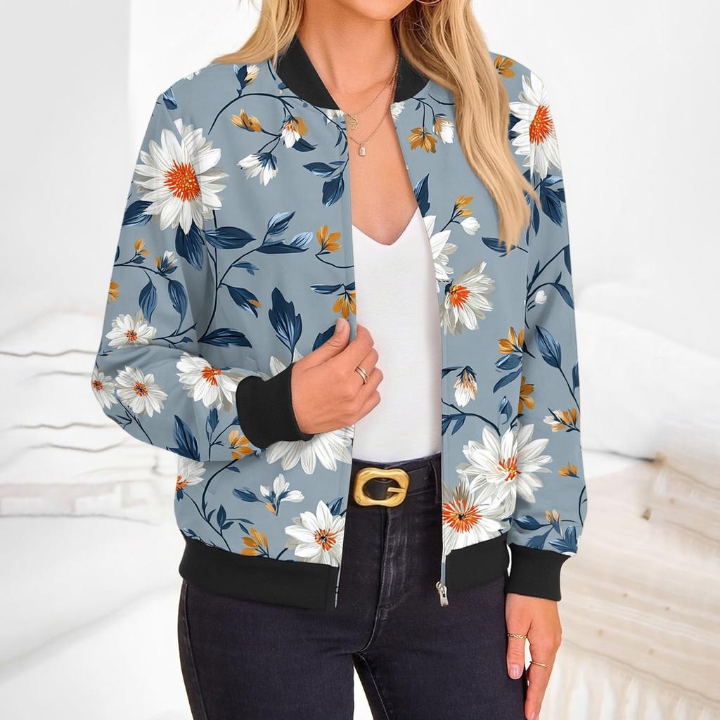 Women's Fashion Long Sleeve Floral Print Round Neck Zip Up Jacket