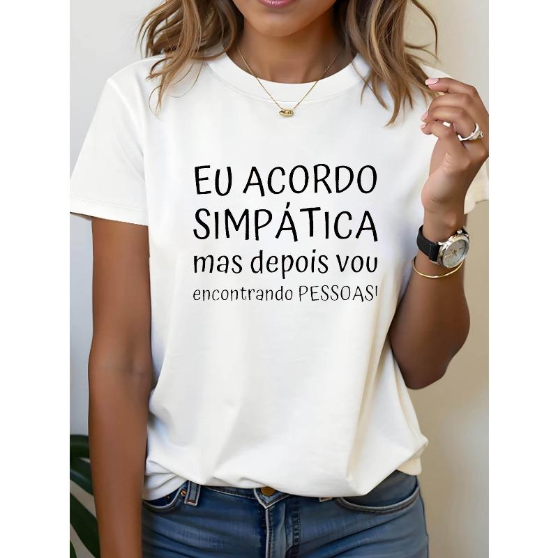 EU ACORDO SIMPATICA But Then I Find PEOPLE Letter Print Women'S T-Shirt, Short Sleeve Crew Neck Casual Top for Summer & Spring, Women'S Clothing
