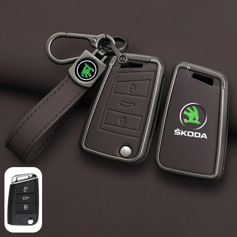 Leather Car Remote Key Case Full Cover Protector Holder Shell Fob For Skoda Superb A7 Kodiaq Octavia A7 A8 Keychain Accessories HJ1