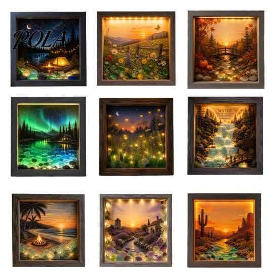 Мягкий Неослепляющий Ночник LED Фоторамка, Деревянная с 3D Объемным Настенным Декором, Художественный Печатный Пейзаж, Освещение для Спальни