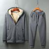 Winter Plush Cashmere Casual Hood Set Men Thicken Jacket +Pant Warm Fur Inside Winter Sweatshirt Waterproof 2 Piece Set Solid