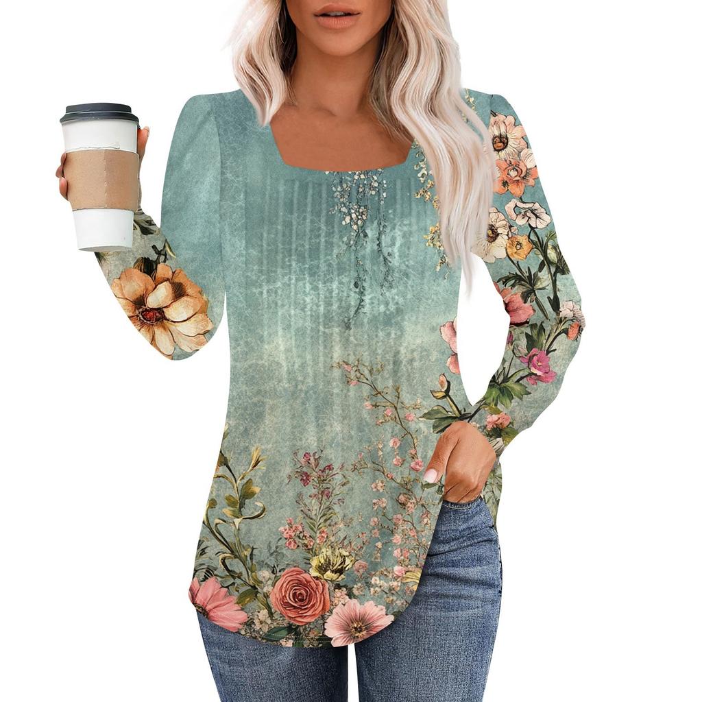 Long Sleeve Shirts For Women Tops Dressy Casual Blouses Pleated Square Scooped Neck Tunic Tops